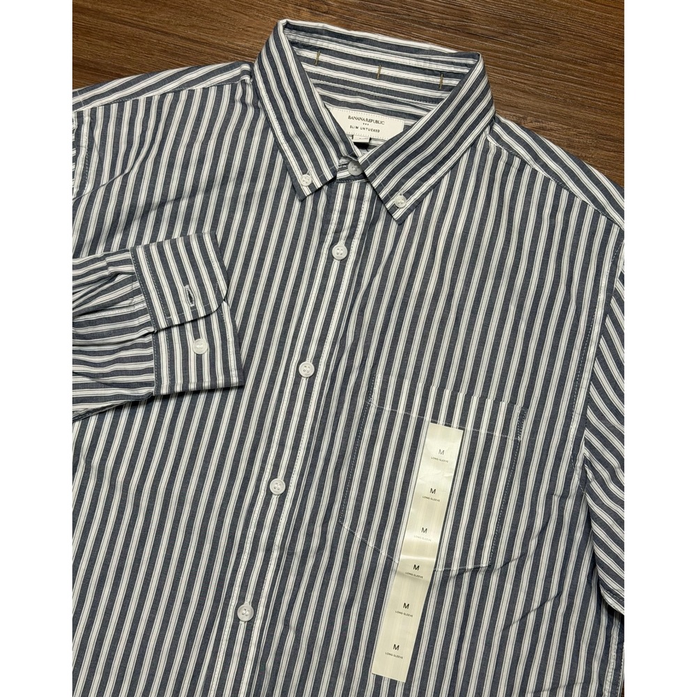 Banana Republic Mens Slim Untucked Organic Cotton Striped Shirt Blue White Sz M